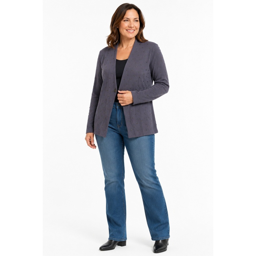 NIC+ZOE Knit Blazer Large Navy Blue Studded Embellished Longline Jacket Academia